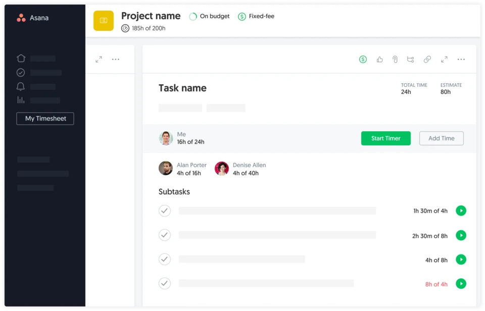 A screenshot of the Asana interface showcasing a project with tasks, subtasks, and a timeline view.